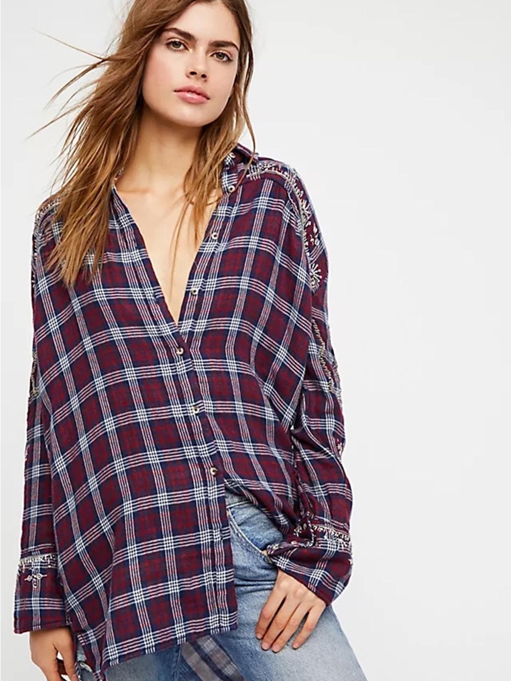 Free People Downtown Romance Embellished Plaid Button Down Shirt